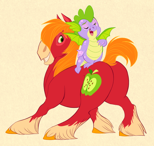 Size: 948x900 | Tagged: safe, artist:thiscrispykat, derpibooru import, big macintosh, spike, dragon, earth pony, pony, molt down, big backintosh, butt, coat markings, duo, duo male, male, plot, simple background, socks (coat marking), stallion, tan background, unshorn fetlocks, winged spike