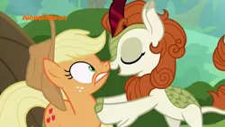 Size: 1280x720 | Tagged: safe, derpibooru import, screencap, applejack, autumn blaze, earth pony, kirin, pony, sounds of silence, spoiler:s08, boop, duo, eyes closed, female, mare, nickelodeon, noseboop, out of context