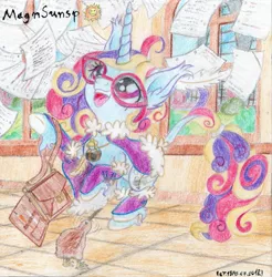 Size: 2141x2180 | Tagged: safe, artist:magnifsunspiration, derpibooru import, oc, oc:graphomashka, pony, unicorn, female, filly, glasses, paper, solo, traditional art