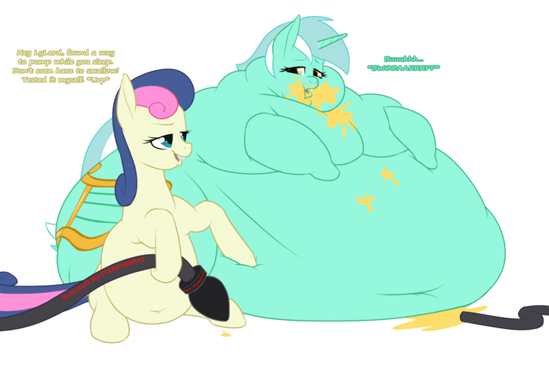 Size: 2400x1600 | Tagged: anal foodplay, artist:calorie, belly, belly bed, belly button, big belly, bingo wings, blob, bon bon, burp, buttplug, chubby cheeks, derpibooru import, dialogue, double chin, fat, feedee, feeder, feeder bon bon, feeding, feeding tube, food, foodplay, hose, huge belly, imminent anal insertion, imminent insertion, immobile, impossibly large belly, lard-ra heartstrings, lyra feedee, lyra heartstrings, messy, morbidly obese, obese, questionable, rolls of fat, sex toy, simple background, slob, sweetie drops, transparent background