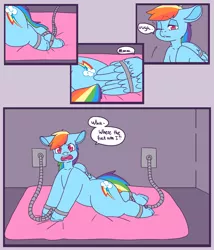 Size: 3000x3500 | Tagged: suggestive, artist:fatfurparadise, derpibooru import, rainbow dash, pegasus, pony, comic:pie panic, bound, bound wings, chained, comic, dialogue, female, mare, shackles, solo, solo female, this will end in weight gain, vulgar, waking up, wings