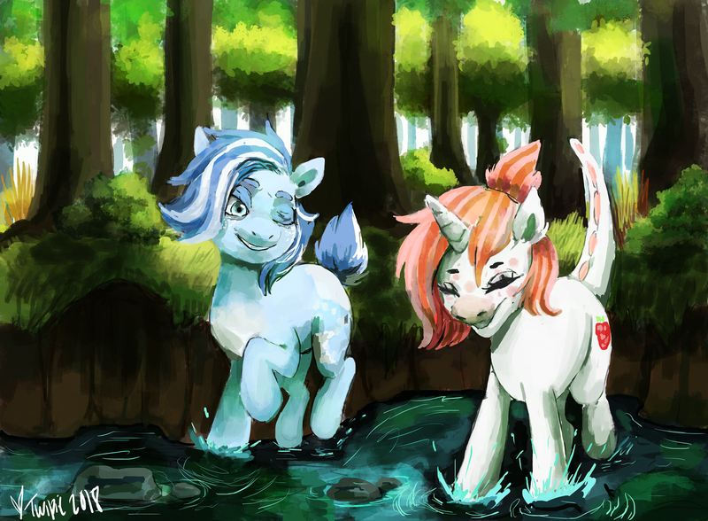 Size: 3260x2396 | Tagged: safe, artist:misstwipietwins, derpibooru import, oc, unofficial characters only, pony, art trade, duo, female, forest, mare, pond, water