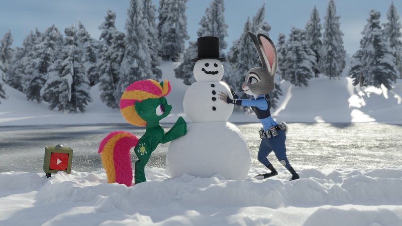 Size: 7680x4320 | Tagged: 3d, 3d model, 8k, absurd resolution, blender, cycles, derpibooru import, judy hopps, oc, oc:ponlets, render, safe, snow, snowman, winter, zootopia