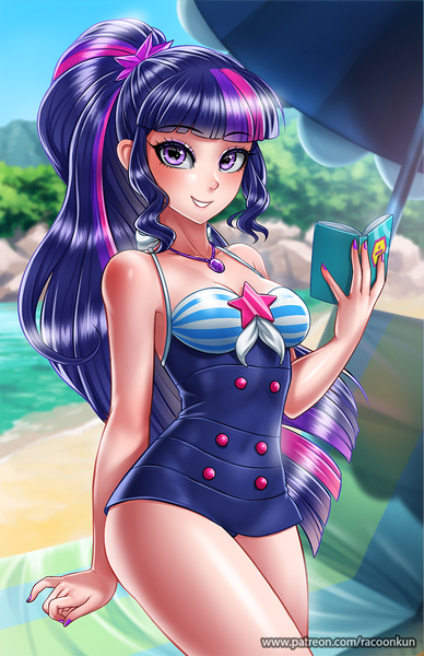 Size: 750x1160 | Tagged: safe, artist:racoonsan, derpibooru import, sci-twi, twilight sparkle, human, equestria girls, equestria girls series, adorasexy, anime, beach, beach babe, beautiful, blue swimsuit, clothes, cute, female, geode of telekinesis, humanized, looking at you, magical geodes, nail polish, one-piece swimsuit, ponytail, sexy, sexy egghead, smiling, solo, striped swimsuit, swimsuit, tricolor swimsuit, twiabetes