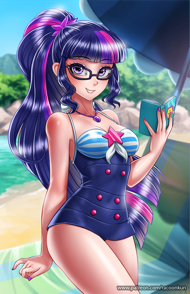 Size: 750x1160 | Tagged: safe, alternate version, artist:racoonsan, derpibooru import, sci-twi, twilight sparkle, human, equestria girls, equestria girls series, adorasexy, anime, beach, beach babe, beautiful, blue swimsuit, book, clothes, cute, female, geode of telekinesis, glasses, humanized, looking at you, magical geodes, nail polish, ocean, one-piece swimsuit, ponytail, sand, sexy, sexy egghead, smiling, solo, striped swimsuit, swimsuit, tricolor swimsuit, twiabetes
