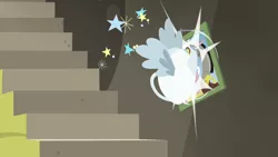 Size: 1280x720 | Tagged: animate object, chaos, circling stars, crash, derpibooru import, discord, discordant harmony, dizzy, draconequus, duo, fluttershy, impact, photo, safe, screencap, stairs, teapot, winged teapot, wings