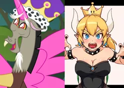 Size: 828x589 | Tagged: artist needed, blonde, bowser, bowsette, collar, comparison, crown, cute, derpibooru import, discord, discorn, discute, duo, eyebrows, facial hair, fake horn, fake wings, fangs, goatee, happy, horns, human, jewelry, open mouth, princess discord, regalia, safe, sharp teeth, snaggletooth, spiked collar, super crown, super mario bros., teeth