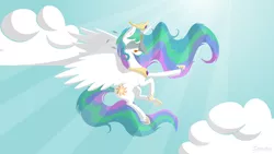 Size: 2560x1440 | Tagged: safe, artist:spirittis, derpibooru import, princess celestia, alicorn, bird, duck, pony, birdstrike, collision, female, majestic as fuck, mare, solo, vector