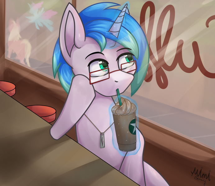 Size: 3000x2600 | Tagged: safe, artist:milkychocoberry, derpibooru import, oc, oc:proxyjack, pony, unicorn, cafe, drink, glasses, jewelry, male, necklace, solo, stallion