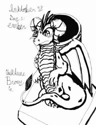 Size: 1700x2199 | Tagged: artist:chiptunebrony, black and white, curious, cursive writing, derpibooru import, dragon, dragoness, female, grayscale, inktober, inktober 2018, looking down, monochrome, pencil holder, practice drawing, princess ember, safe, signature, sitting, traditional art