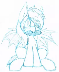 Size: 1357x1647 | Tagged: safe, artist:pearlyiridescence, derpibooru import, oc, oc:blackberry frost, bat pony, bat pony oc, bat wings, corn, cute, female, food, mare, sitting, sketch, wings