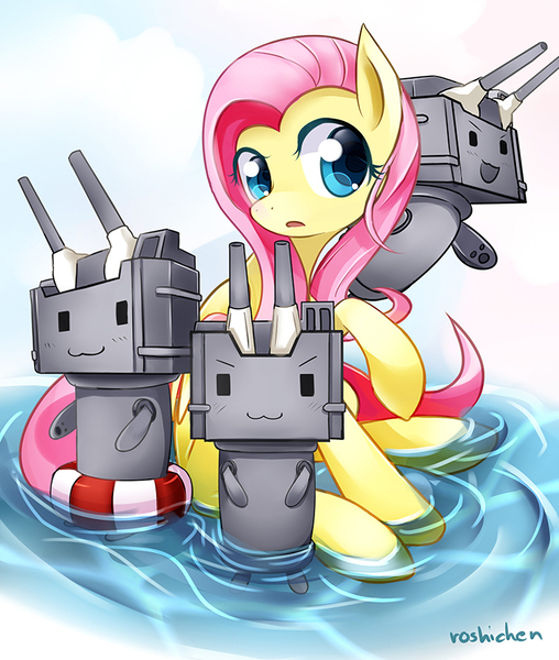 Size: 724x855 | Tagged: safe, artist:roshichen, derpibooru import, fluttershy, pegasus, pony, crossover, cute, female, floaty, head turn, kantai collection, raised hoof, rensouhou, shimakaze, shyabetes, sitting, turret, water