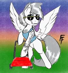 Size: 1600x1700 | Tagged: safe, artist:frecklesfanatic, derpibooru import, oc, pegasus, pony, 30 year old boomer, lawn mower, meme, monster energy, spread wings, sunglasses, tattoo, wings