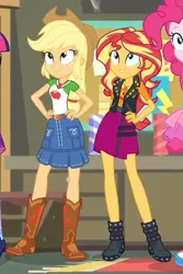 Size: 413x617 | Tagged: safe, derpibooru import, screencap, applejack, pinkie pie, sci-twi, sunset shimmer, twilight sparkle, equestria girls, equestria girls series, rollercoaster of friendship, belt, boots, clothes, cowboy boots, cowboy hat, cropped, denim skirt, female, freckles, geode of empathy, geode of super strength, hands on hip, hat, high heel boots, jacket, leather, leather jacket, magical geodes, offscreen character, shoes, skirt, smiling, stetson