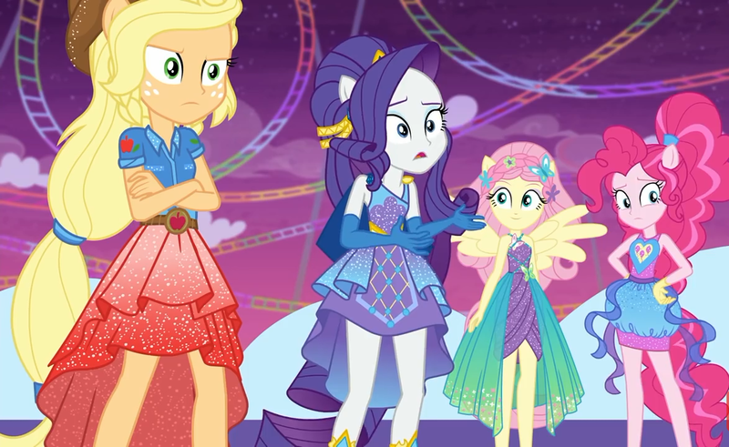 Size: 1173x720 | Tagged: safe, derpibooru import, screencap, applejack, fluttershy, pinkie pie, rarity, equestria girls, equestria girls series, rollercoaster of friendship, clothes, cowboy hat, dress, equestria land, female, freckles, gloves, hat, ponied up, pony ears, ponytail, skirt, stetson, super ponied up, wings