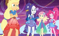 Size: 1173x720 | Tagged: safe, derpibooru import, screencap, applejack, fluttershy, pinkie pie, rarity, equestria girls, equestria girls series, rollercoaster of friendship, clothes, cowboy hat, dress, equestria land, female, freckles, gloves, hat, ponied up, pony ears, ponytail, skirt, stetson, super ponied up, wings