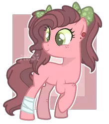 Size: 672x767 | Tagged: safe, artist:at--ease, derpibooru import, oc, unofficial characters only, earth pony, pony, abstract background, bandage, base used, blank flank, bow, colored pupils, ear piercing, earring, female, hair bow, jewelry, mare, offspring, parent:cheese sandwich, parent:pinkie pie, parents:cheesepie, piercing, pigtails, raised hoof, simple background, solo, transparent background, twintails, watermark