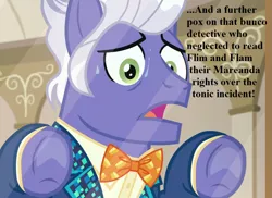 Size: 925x675 | Tagged: bowtie, cropped, derpibooru import, edit, edited screencap, gladmane, implied flim flam brothers, safe, screencap, sweat, text, viva las pegasus