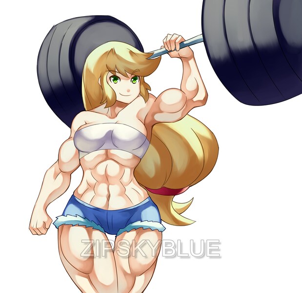 Size: 3200x3100 | Tagged: abs, applebucking thighs, applejack, applejacked, armpits, artist:zipskyblue, barbell, biceps, breasts, busty applejack, clothes, daisy dukes, derpibooru import, female, human, humanized, lifting, looking at you, midriff, muscles, shorts, simple background, smiling, solo, solo female, strong, stronk, suggestive, thighs, thunder thighs, watermark, weight lifting, white background