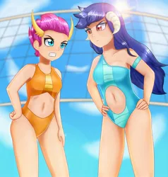 Size: 1616x1700 | Tagged: artist:focusb, belly button, clothes, crepuscular rays, derpibooru import, duo, duo female, female, gritted teeth, horn, horned humanization, human, humanized, navel cutout, one-piece swimsuit, princess ember, safe, smolder, stare down, swimsuit, volleyball net