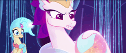 Size: 600x253 | Tagged: angry, animated, artist:otakuangelx, attempted murder, derpibooru import, female, furious, gif, looking at someone, magic, mother and child, mother and daughter, my little pony: the movie, narrowed eyes, princess skystar, queen novo, queen novo is not amused, queen novo's orb, safe, screencap, seapony (g4), sin of wrath, talking, transforming, underwater, worried, you don't deserve to be one of us