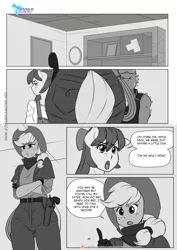 Size: 1200x1697 | Tagged: safe, artist:pia-sama, derpibooru import, apple bloom, applejack, spike, anthro, dragon, earth pony, comic:rogue diamond, adult, adult spike, breasts, busty apple bloom, clothes, comic, cowboy hat, female, hat, mare, monochrome, older, older apple bloom, older spike, stetson, this did not end in pain and/or death