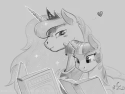 Size: 1200x900 | Tagged: safe, artist:amarynceus, deleted from derpibooru, derpibooru import, princess luna, twilight sparkle, alicorn, pony, book, duo, ethereal mane, female, gray background, grayscale, half r63 shipping, heart, lesbian, male, mare, monochrome, prince artemis, rule 63, shipping, simple background, sketch, stallion, starry mane, straight, twiluna