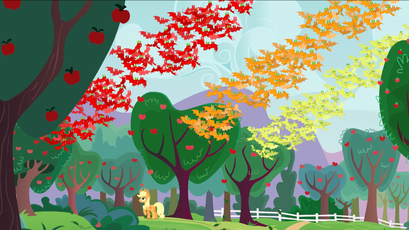 Size: 1440x810 | Tagged: safe, derpibooru import, screencap, applejack, bat, earth pony, fruit bat, pony, apple family reunion, apple, apple orchard, apple tree, female, flying, mare, orchard, tree, west orchard