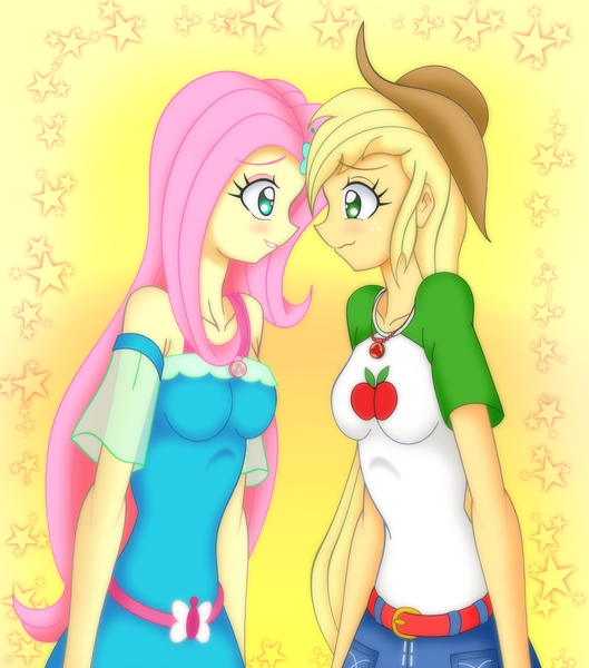 Size: 2319x2628 | Tagged: safe, alternate version, artist:grandzebulon, derpibooru import, applejack, fluttershy, equestria girls, equestria girls series, sounds of silence, belt, blushing, clothes, cowboy hat, cute, denim skirt, dress, equestria girls interpretation, female, geode of fauna, geode of telekinesis, hat, looking at each other, magical geodes, scene interpretation, shirt, skirt, smiling, stetson