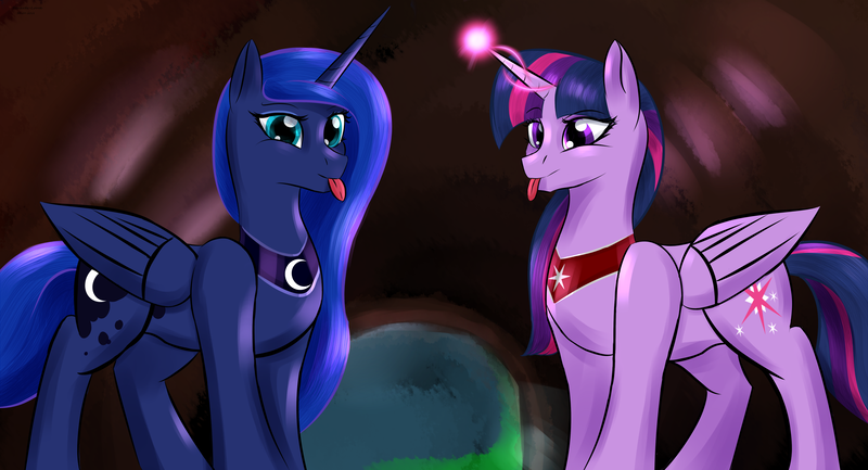 Size: 3840x2077 | Tagged: safe, artist:renarde-louve, derpibooru import, princess luna, twilight sparkle, twilight sparkle (alicorn), alicorn, :p, description is relevant, female, glowing horn, horn, lesbian, peytral, shipping, silly, tongue out, twiluna