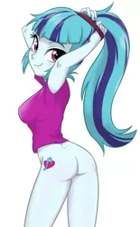 Size: 570x920 | Tagged: suggestive, artist:ta-na, artist:ta-na edits, derpibooru import, sonata dusk, equestria girls, adorasexy, arm behind head, ass, bedroom eyes, bottomless, breasts, butt, clothes, cute, cutie mark, cutie mark on equestria girl, dressing, erect nipples, female, grin, looking at you, looking back, nipple outline, nudity, partial nudity, ponytail, scrunchie, sexy, simple background, smiling, solo, solo female, sonata donk, white background