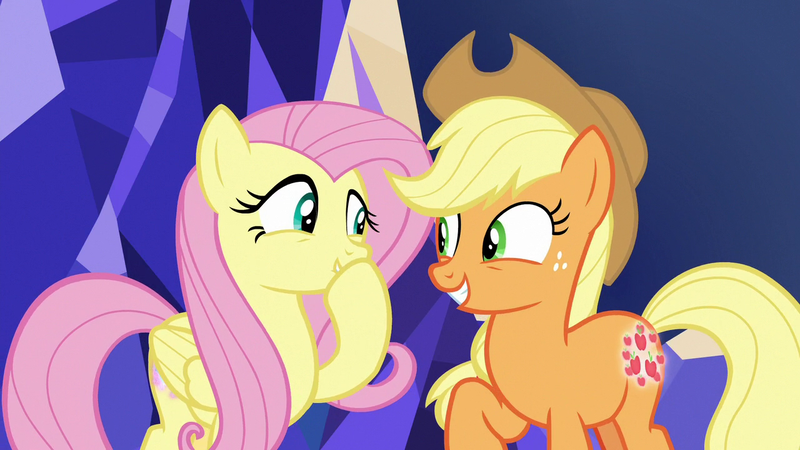 Size: 1280x720 | Tagged: safe, derpibooru import, screencap, applejack, fluttershy, earth pony, pegasus, pony, sounds of silence, cute, female, happy, jackabetes, looking at each other, mare, raised hoof, shyabetes, smiling