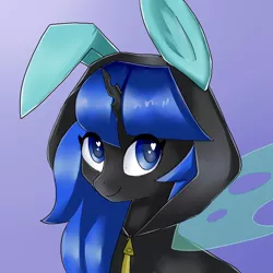 Size: 1000x1000 | Tagged: safe, artist:rosefluffdraws, derpibooru import, oc, oc:blue visions, unofficial characters only, changeling, blue changeling, bunny ears, bust, changeling oc, clothes, commission, costume, cute, dangerous mission outfit, female, goggles, heart eyes, hoodie, insect wings, looking at you, portrait, simple background, smiling, solo, transparent wings, wingding eyes, wings