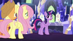 Size: 1280x720 | Tagged: safe, derpibooru import, screencap, applejack, fluttershy, twilight sparkle, twilight sparkle (alicorn), alicorn, earth pony, pegasus, pony, sounds of silence, butt, cutie map, friendship throne, plot