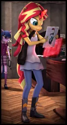 Size: 3310x6120 | Tagged: safe, artist:imafutureguitarhero, derpibooru import, sci-twi, sunset shimmer, twilight sparkle, anthro, plantigrade anthro, unicorn, equestria girls, 3d, abbey road, arm freckles, bag, boots, border, chest freckles, chromatic aberration, clothes, dress, duo, female, film grain, freckles, gary clark jr, glasses, glowing horn, handbag, horn, jeans, leather, leather boots, led zeppelin, levitation, long hair, magic, mare, multicolored hair, multicolored tail, pants, pink floyd, queen (band), record, record store, sgt. pepper's lonely hearts club band, shoes, signature, skirt, source filmmaker, telekinesis, the dark side of the moon, vertical