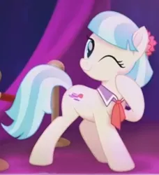 Size: 404x443 | Tagged: cocobetes, coco pommel, cropped, cute, derpibooru import, low quality, my little pony: the movie, one eye closed, safe, screencap, solo, wink