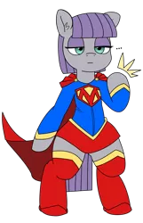 Size: 900x1400 | Tagged: safe, artist:pabbley, artist:whirlybird, color edit, derpibooru import, edit, maud pie, earth pony, pony, 30 minute art challenge, cape, clothes, colored, costume, female, mare, simple background, supergirl, transparent background