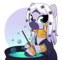 Size: 2411x2354 | Tagged: alternate hairstyle, artist:moozua, bracelet, bubble, cauldron, clothes, costume, cute, derpibooru import, ear piercing, earring, jewelry, long hair, looking at you, neck rings, nightmare night, piercing, quadrupedal, safe, smiling, solo, spider, zebra, zecora