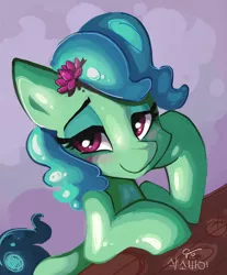 Size: 1600x1932 | Tagged: safe, artist:saxopi, derpibooru import, oc, oc:bikey, unofficial characters only, goo, goo pony, original species, pony, bedroom eyes, blushing, female, flower, flower in hair, looking at you, mare, smiling, solo