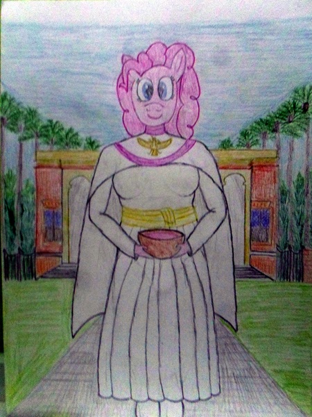 Size: 3456x4608 | Tagged: abzohr, anthro, artist:mildgyth, bowl, clothes, derpibooru import, faravahar, fire temple, grass, palm tree, parahaoma, pinkie pie, religion, safe, smiling, solo, traditional art, tree, ziragshabdarverse, zoroastrianism