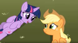 Size: 1175x654 | Tagged: safe, derpibooru import, screencap, applejack, twilight sparkle, earth pony, pony, unicorn, the super speedy cider squeezy 6000, duo, exhausted, female, freckles, looking at each other, lying down, mare, on back, sweat, tired, unicorn twilight