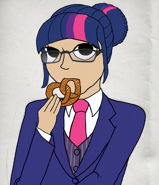 Size: 3120x3632 | Tagged: alternate hairstyle, artist:jesterofdestiny, clothes, derpibooru import, digitally colored, dress shirt, eating, female, food, glasses, hair bun, human, humanized, looking at you, necktie, pretzel, safe, solo, suit, three piece suit, traditional art, twilight sparkle, twipretzel, waistcoat