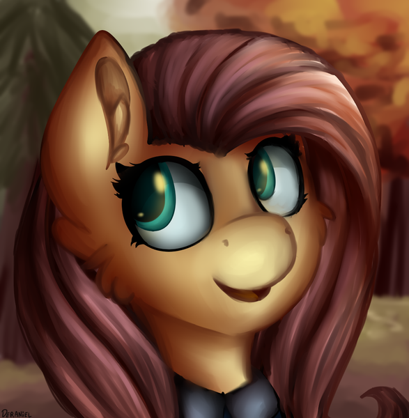 Size: 1045x1069 | Tagged: safe, artist:deraniel, derpibooru import, fluttershy, pegasus, pony, autumn, bust, clothes, ear fluff, female, forest, looking away, mare, open mouth, outdoors, portrait, smiling, solo