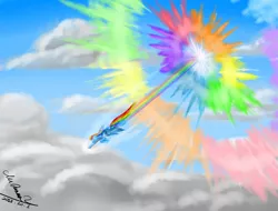 Size: 4096x3112 | Tagged: safe, artist:mcqueen, derpibooru import, rainbow dash, pegasus, pony, cloud, crying, eyes closed, flying, rainbow, sky, sonic rainboom