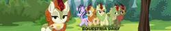 Size: 1903x350 | Tagged: artist needed, safe, derpibooru import, autumn afternoon, autumn blaze, forest fall, maple brown, spring glow, starlight glimmer, kirin, equestria daily, sounds of silence, background kirin, banner, best kirin, bush, cloven hooves, cup, cute, drinking, female, forest, frown, grass, grass field, hill, hoof hold, kirin starlight, kirinified, leaves, lidded eyes, looking at you, male, one of these things is not like the others, outdoors, plant, sky, slime, smug, species swap, text, tree, undercover, wall of tags