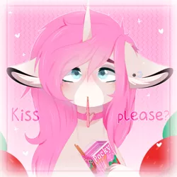 Size: 3000x3000 | Tagged: safe, artist:nightyum, derpibooru import, oc, oc:tarot, unofficial characters only, classical unicorn, pony, unicorn, blushing, cloven hooves, collar, commission, curved horn, cute, dialogue, digital art, ear piercing, female, floppy ears, food, freckles, heart eyes, horn, leonine tail, long mane, mare, palomino, piercing, pink mane, pocky, pocky game, simple background, solo, strawberry, unshorn fetlocks, wingding eyes, ych result