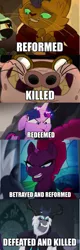 Size: 587x1830 | Tagged: safe, derpibooru import, edit, edited screencap, screencap, capper dapperpaws, storm king, tempest shadow, twilight sparkle, twilight sparkle (alicorn), verko, abyssinian, alicorn, anthro, unicorn, my little pony: the movie, broken horn, caption, eye scar, female, horn, image macro, male, mare, meme, op is wrong, scar, text, villains of equestria