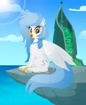 Size: 5000x6100 | Tagged: absurd resolution, artist:rainbownspeedash, classical hippogriff, cloud, collar, derpibooru import, hippogriff, looking at you, oc, ocean, oc:vector cloud, safe, species swap, wings
