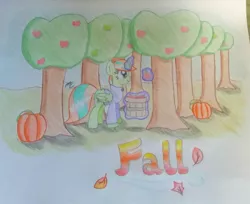 Size: 1457x1189 | Tagged: safe, artist:prinrue, derpibooru import, oc, oc:starshine note, unofficial characters only, alicorn, alicorn oc, apple, apple tree, autumn, basket, food, glowing horn, horn, leaves, pumpkin, solo, text, traditional art, tree, wings