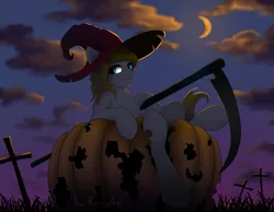 Size: 1333x1037 | Tagged: safe, artist:rexiwiksi, derpibooru import, oc, oc:hickory switch, earth pony, pony, cloud, cloudy, commission, crescent moon, detailed background, glowing eyes, grass, graveyard, halloween, hat, holiday, male, moon, nightmare night, pumpkin, scythe, solo, stallion, witch hat, ych result